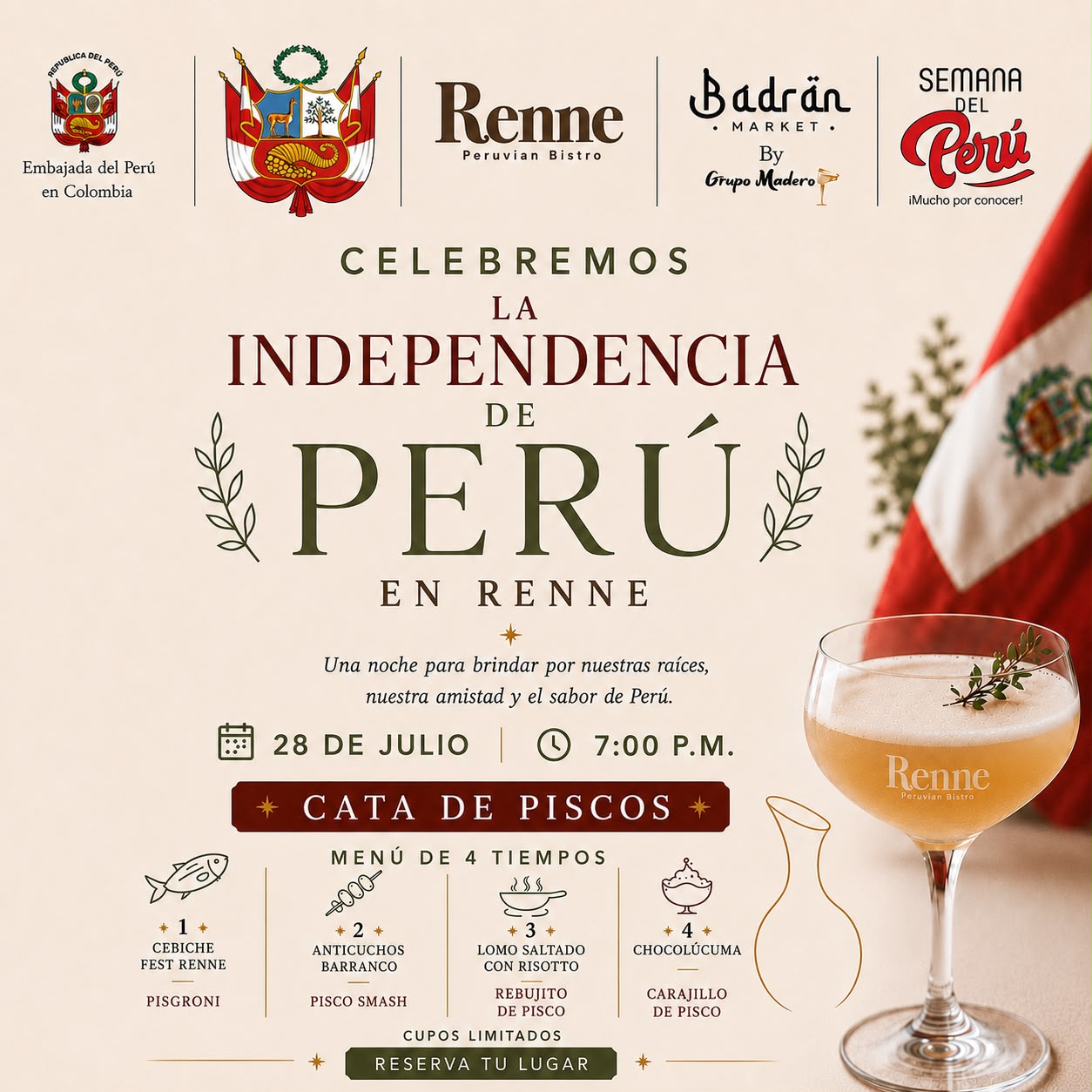Pieza promocional de la cata de pisco con menú de cuatro tiempos realizada en Renne durante la Semana del Perú 2026
