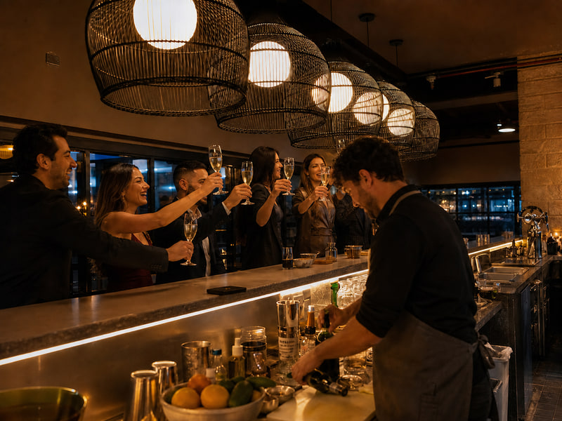 Barra nocturna de Renne con luz cálida, botellas y cristalería