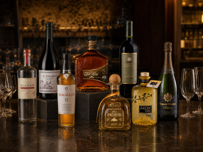 Selección editorial de ocho botellas de vinos y destilados sobre pedestales oscuros en una barra cálida, con copas vacías alrededor.