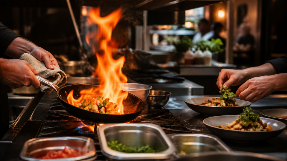 Composición conceptual de una cocina activa con fuego