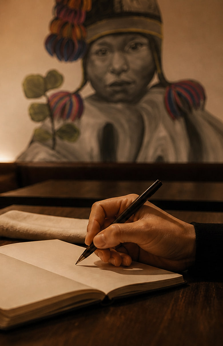 Composición editorial con el mural de Renne al fondo, una mano escribiendo y un cuaderno abierto sobre una mesa.