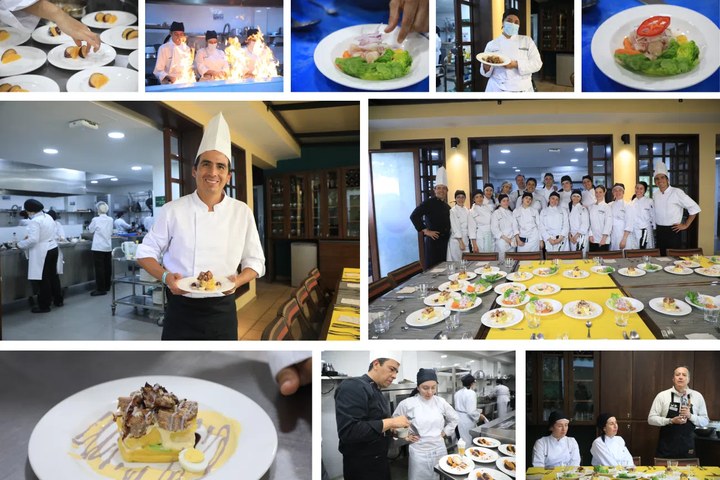 A composite from the Peruvian cooking session at Externado, showing Miguel Ángel Castillo Basto, students, dishes and kitchen work.