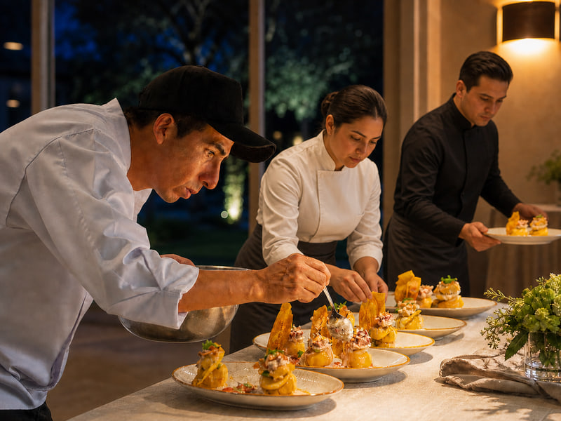 Equipo de Renne emplatando una serie de preparaciones durante un servicio de catering.